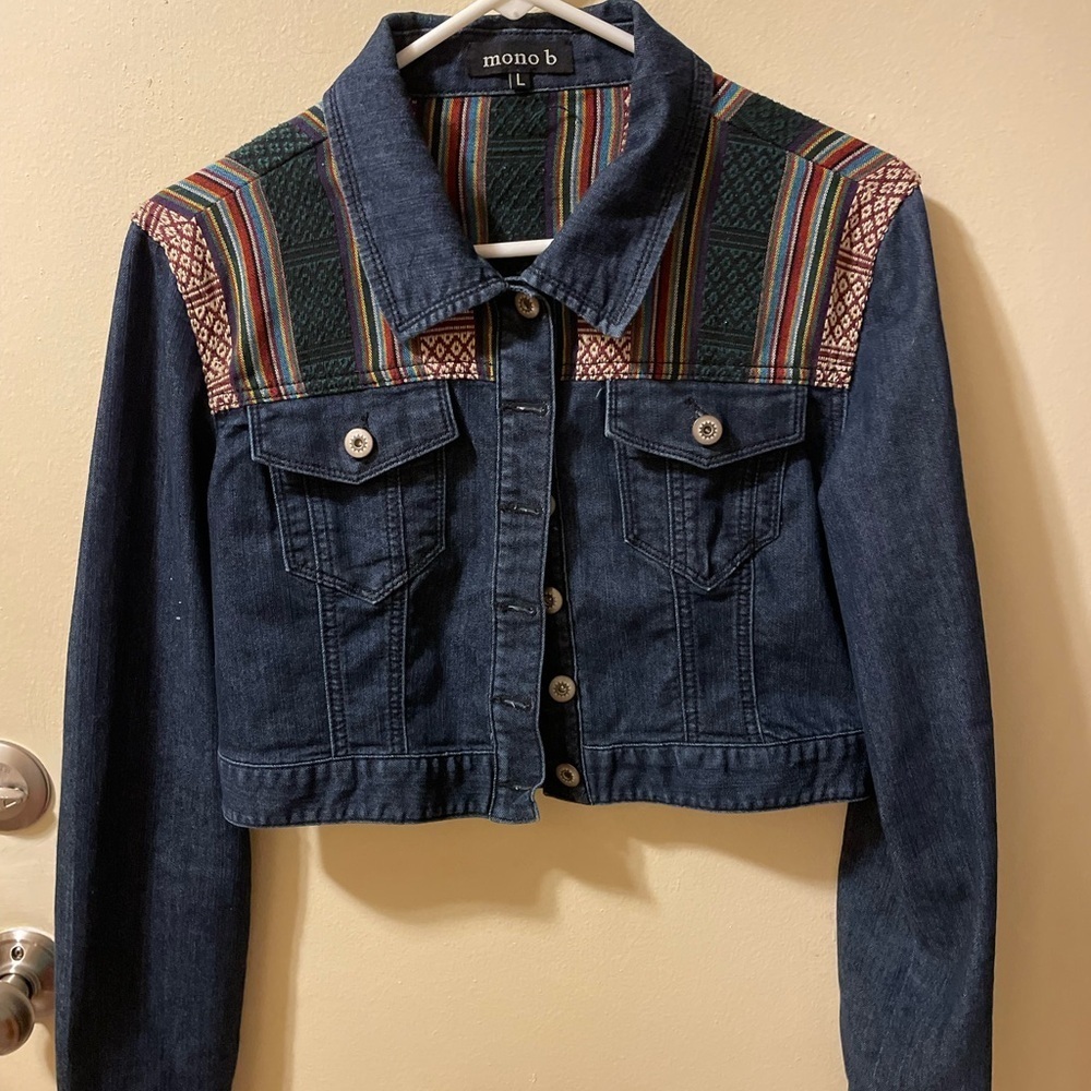 Mono‎ B Women's Blue Denim Jacket with Colorful Pattern